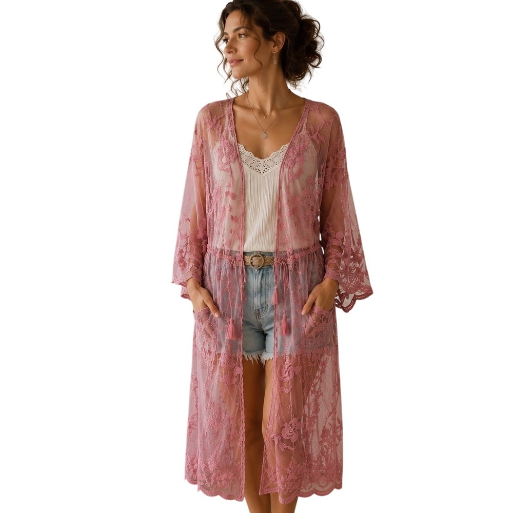Pink Lace Duster Kimono Top Embroidered Boho Forest Fairy Victorian OS